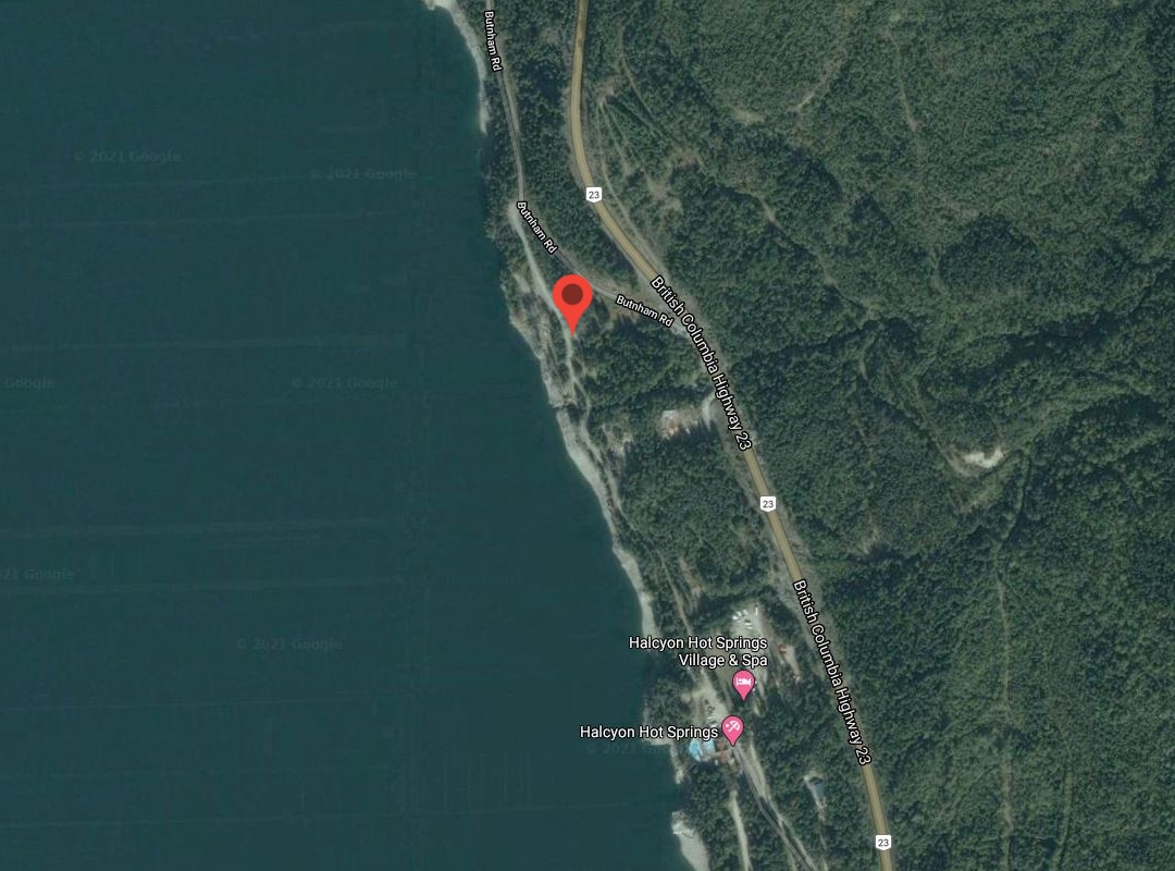Satellite map showing location of Kootenay Hot Springs Chalets near Halcyon Resort on Upper Arrow Lake